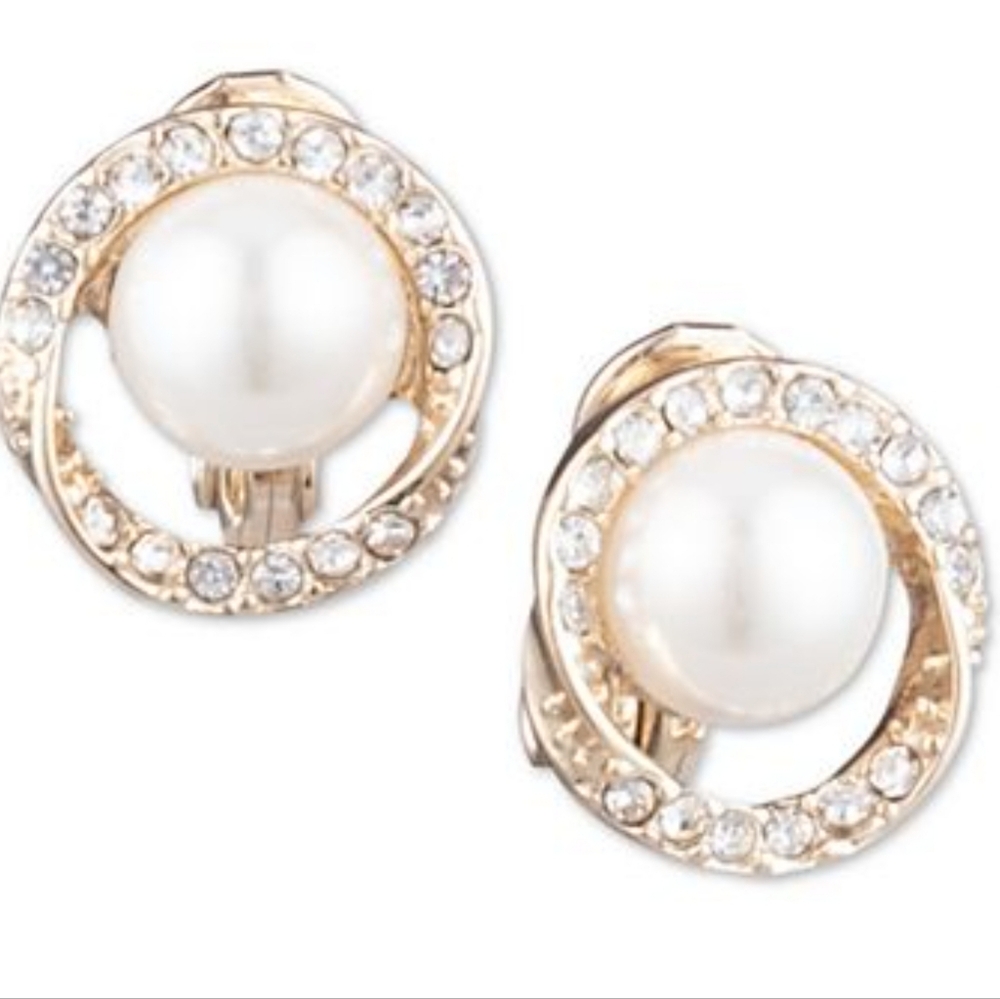Anne Klein Gold Tone Pave & Imitation Pearl Halo Earrings Ezcomfort Clip